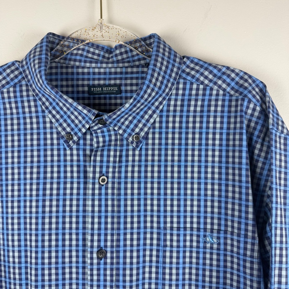 Fish Hippie Plaid Blue Gray Checkered Button Down L/S Shirt Size 2XL Preppy